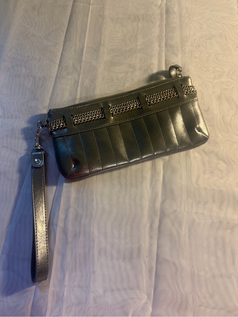 Express Metallic Silver Quilted Wristlet with Chain Trim